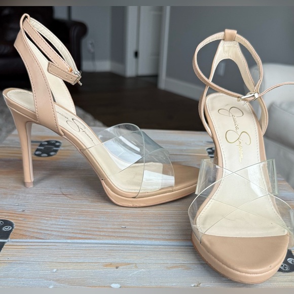 Jessica Simpson SIZE 7 Clear Nude Open Toe Strappy See-Through Heels 4 Inch - Picture 6 of 9